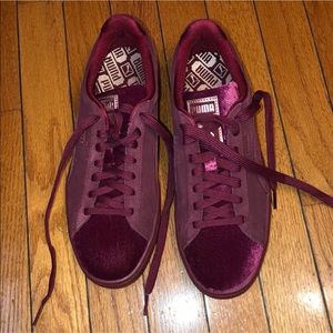 puma suede velvet burgundy red purple sneakers